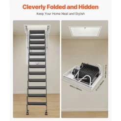 VEVOR Attic Ladder, 660LBS/299.4KG Capacity, Fits 8.5 to 9.4 ft Ceiling Height and 39.4 x 27.5 inch Opening Size, Alloy Steel Pull-Down Retractable Ceiling Stair with Pulling Rod for Attic Loft Roof