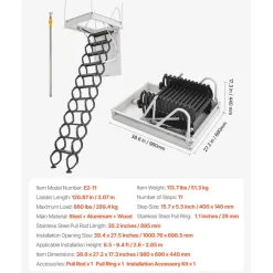 VEVOR Attic Ladder, 660LBS/299.4KG Capacity, Fits 8.5 to 9.4 ft Ceiling Height and 39.4 x 27.5 inch Opening Size, Alloy Steel Pull-Down Retractable Ceiling Stair with Pulling Rod for Attic Loft Roof