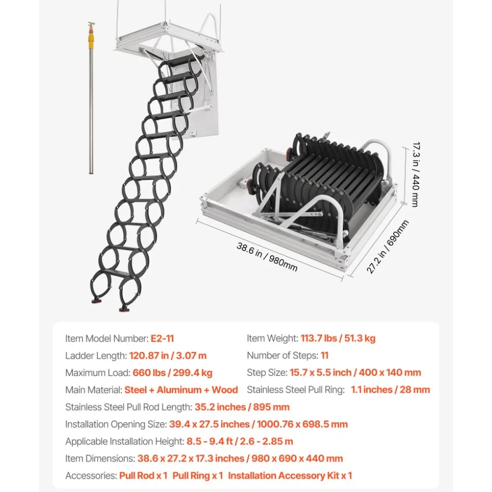 VEVOR Attic Ladder, 660LBS/299.4KG Capacity, Fits 8.5 to 9.4 ft Ceiling Height and 39.4 x 27.5 inch Opening Size, Alloy Steel Pull-Down Retractable Ceiling Stair with Pulling Rod for Attic Loft Roof