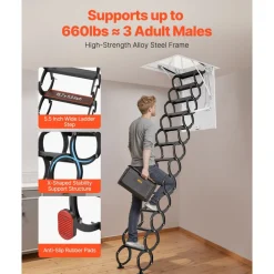 VEVOR Attic Ladder, 660LBS/299.4KG Capacity, Fits 8.5 to 9.4 ft Ceiling Height and 39.4 x 27.5 inch Opening Size, Alloy Steel Pull-Down Retractable Ceiling Stair with Pulling Rod for Attic Loft Roof