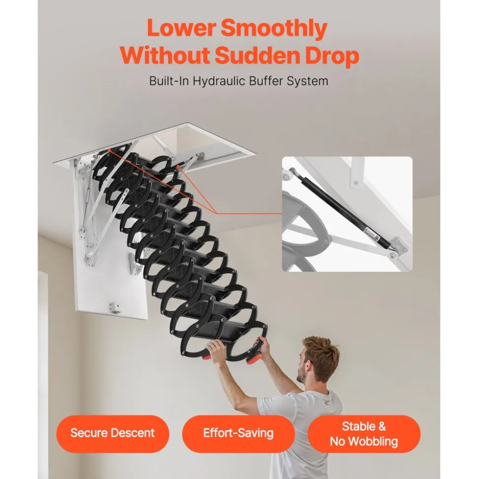 VEVOR Attic Ladder, 660LBS/299.4KG Capacity, Fits 9.5 to 10.2 ft Ceiling Height and 39.4 x 27.5 inch Opening Size, Alloy Steel Pull-Down Retractable Ceiling Stair with Pulling Rod for Attic Loft Roof
