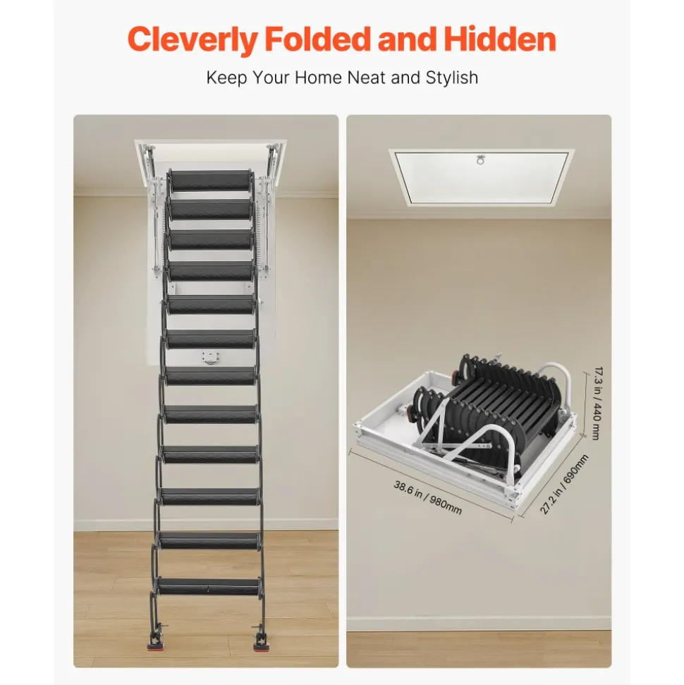 VEVOR Attic Ladder, 660LBS/299.4KG Capacity, Fits 9.5 to 10.2 ft Ceiling Height and 39.4 x 27.5 inch Opening Size, Alloy Steel Pull-Down Retractable Ceiling Stair with Pulling Rod for Attic Loft Roof