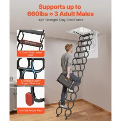 VEVOR Attic Ladder, 660LBS/299.4KG Capacity, Fits 9.5 to 10.2 ft Ceiling Height and 39.4 x 27.5 inch Opening Size, Alloy Steel Pull-Down Retractable Ceiling Stair with Pulling Rod for Attic Loft Roof
