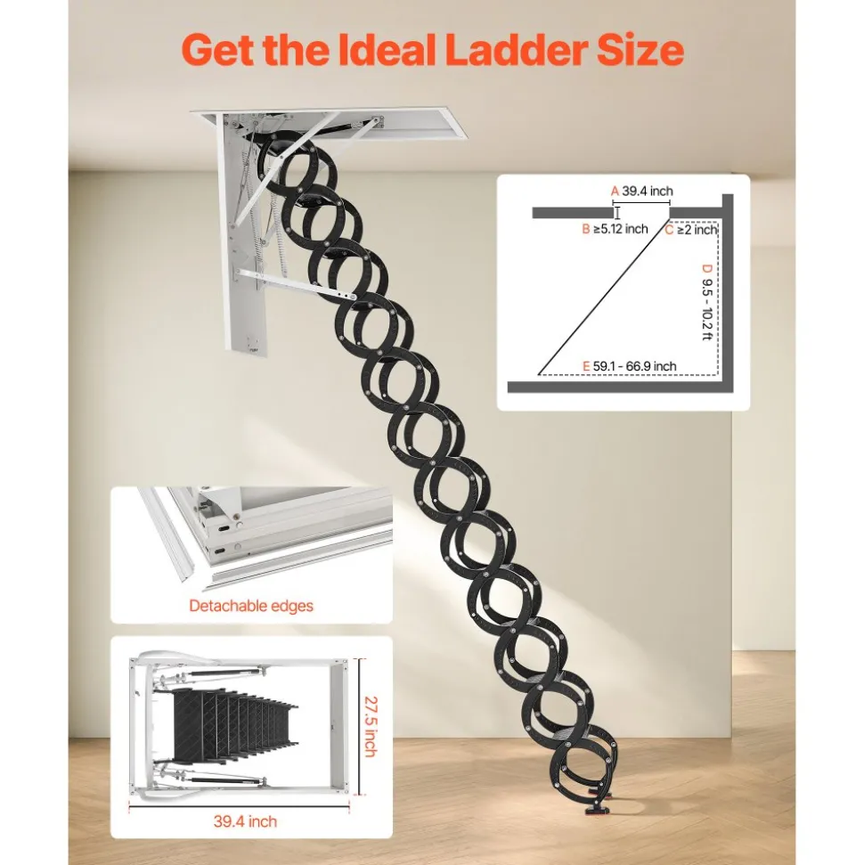 VEVOR Attic Ladder, 660LBS/299.4KG Capacity, Fits 9.5 to 10.2 ft Ceiling Height and 39.4 x 27.5 inch Opening Size, Alloy Steel Pull-Down Retractable Ceiling Stair with Pulling Rod for Attic Loft Roof