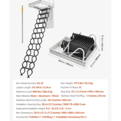 VEVOR Attic Ladder, 660LBS/299.4KG Capacity, Fits 9.5 to 10.2 ft Ceiling Height and 39.4 x 27.5 inch Opening Size, Alloy Steel Pull-Down Retractable Ceiling Stair with Pulling Rod for Attic Loft Roof