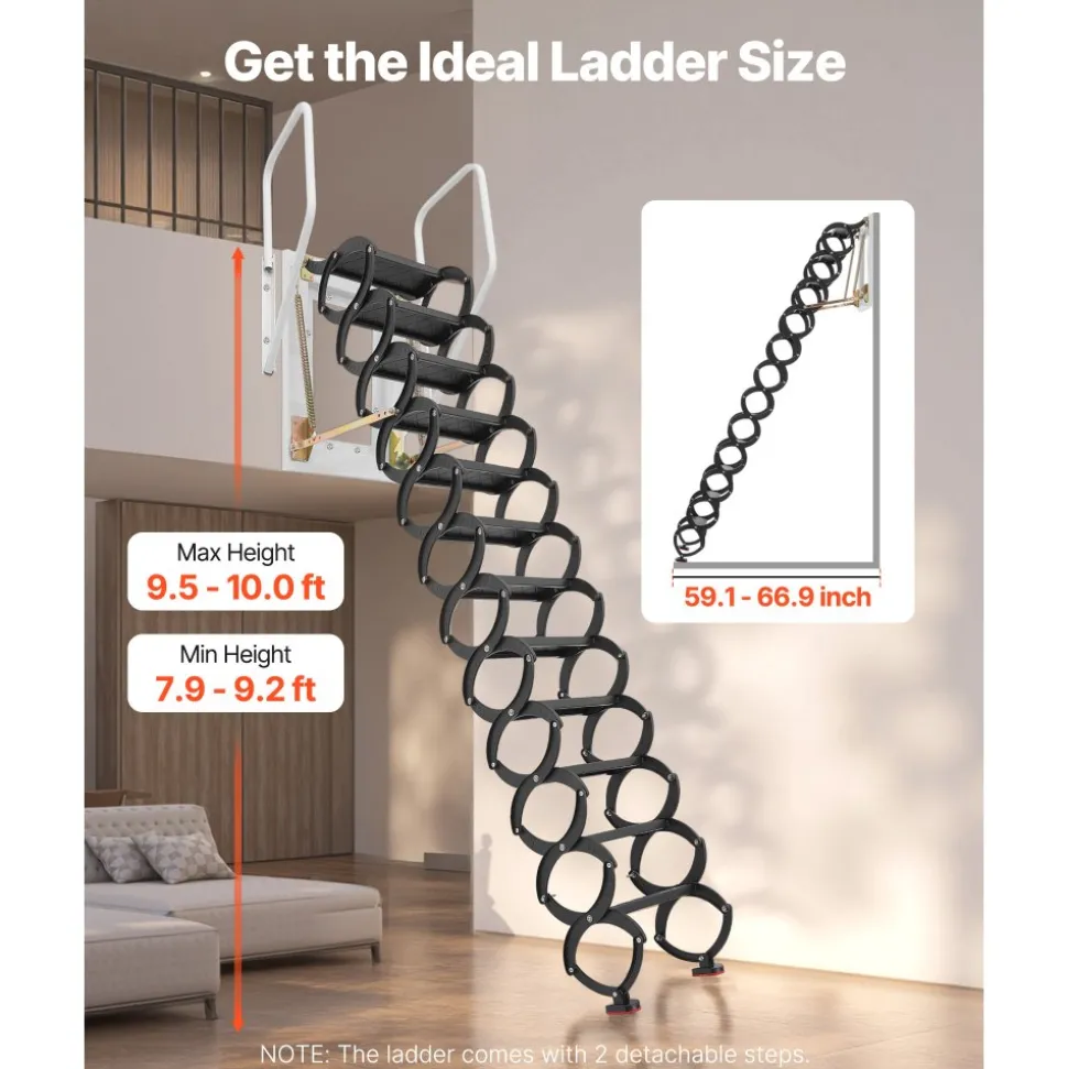 VEVOR Attic Ladder Wall-Mounted, 660LBS/299.4KG Capacity, Fits 9.5 to 10 ft Ceiling Height, 12-Step Steel Folding Stairs with Handrails, Pull Down Attic Ladders for Attics, Garages, Roofs, Basements