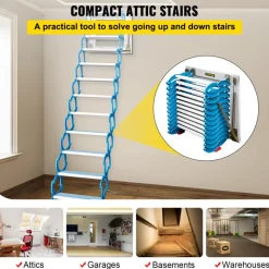 VEVOR Attic Steps Pull Down 12 Steps Attic Stairs, Alloy Attic Access Ladder, Blue Pulldown Attic Stairs, Wall-mounted Folding Stairs for Attic, Retractable Attic Ladder with Armrests, 9.8 feet Height