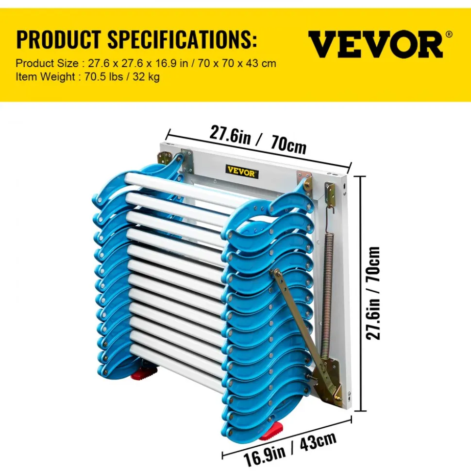 VEVOR Attic Steps Pull Down 12 Steps Attic Stairs, Alloy Attic Access Ladder, Blue Pulldown Attic Stairs, Wall-mounted Folding Stairs for Attic, Retractable Attic Ladder with Armrests, 9.8 feet Height