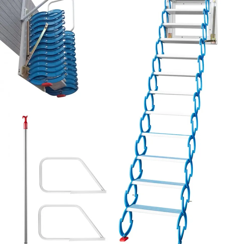 VEVOR Attic Steps Pull Down 12 Steps Attic Stairs, Alloy Attic Access Ladder, Blue Pulldown Attic Stairs, Wall-mounted Folding Stairs for Attic, Retractable Attic Ladder with Armrests, 9.8 feet Height