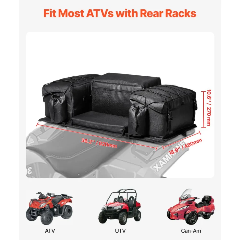 VEVOR ATV Rear Storage Bag, 50L ATV Rear Cargo Bag with Sponge Seat Cushion & Bottle Holder, 600D Oxford Cloth Rear Seat Gear Bag Fit Most ATVs with Rear Rack, Compatible with ATV, UTV, Can-Am Vehicle