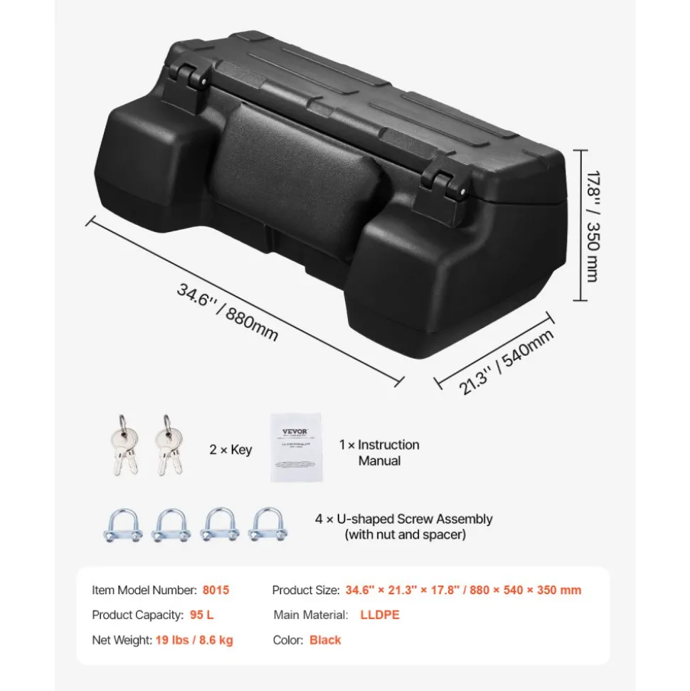 VEVOR ATV Rear Storage Box, 95L ATV Rear Cargo Box with Padded Backrest, Waterproof LLDPE and Lockable Gear Storage Box Fit Most ATVs with Rear Rack, Compatible with ATV, UTV, Can-Am Vehicles