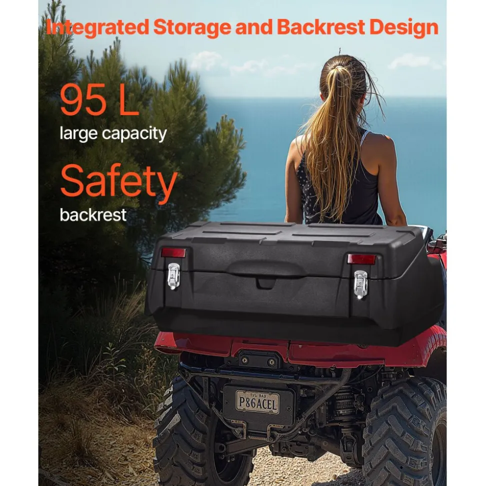 VEVOR ATV Rear Storage Box, 95L ATV Rear Cargo Box with Padded Backrest, Waterproof LLDPE and Lockable Gear Storage Box Fit Most ATVs with Rear Rack, Compatible with ATV, UTV, Can-Am Vehicles