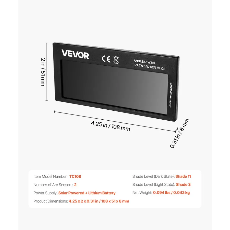 VEVOR Auto Darkening Welding Lens 4.25" x 2", Shade 11 True Color Welding Lens with Dual Arc Sensors & Gold Coating, Compatible with Most Welding Helmets for TIG, MIG, MMA, ARC Applications