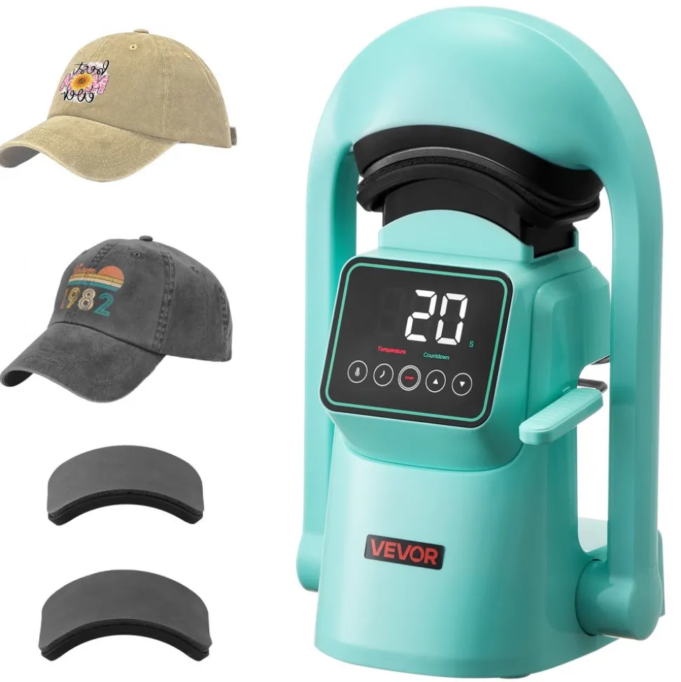 VEVOR Auto Hat Heat Press Machine, with 2pcs Interchangeable Platens, Automatic Open and Release, Touchscreen for Precise Time and Temperature Control, Heat Transfer Printing for Caps, Hats, Green