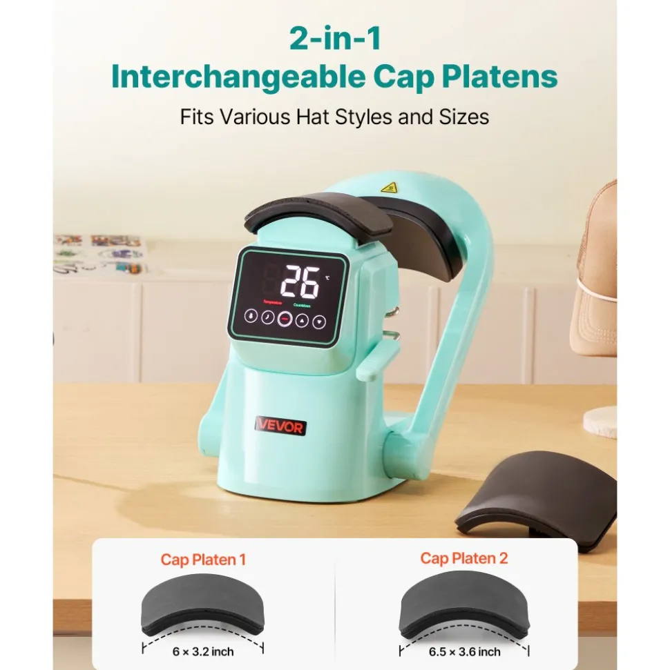 VEVOR Auto Hat Heat Press Machine, with 2pcs Interchangeable Platens, Automatic Open and Release, Touchscreen for Precise Time and Temperature Control, Heat Transfer Printing for Caps, Hats, Green