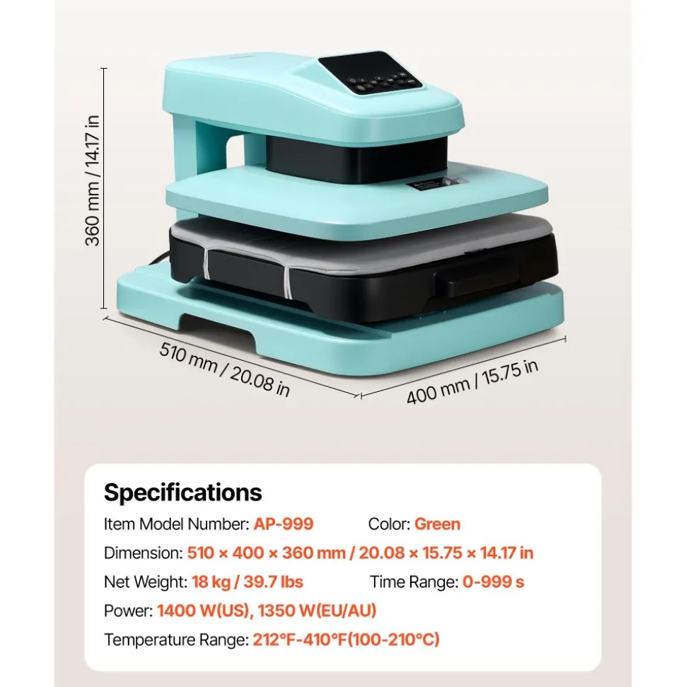 VEVOR Auto Heat Press Machine 15 x 15 inch T-Shirt Press Machine Green, Auto Release and Adjustable Pressure, Digital Display, Rapid and Even Heating, for Sublimation, Vinyl, Heat Transfer Projects