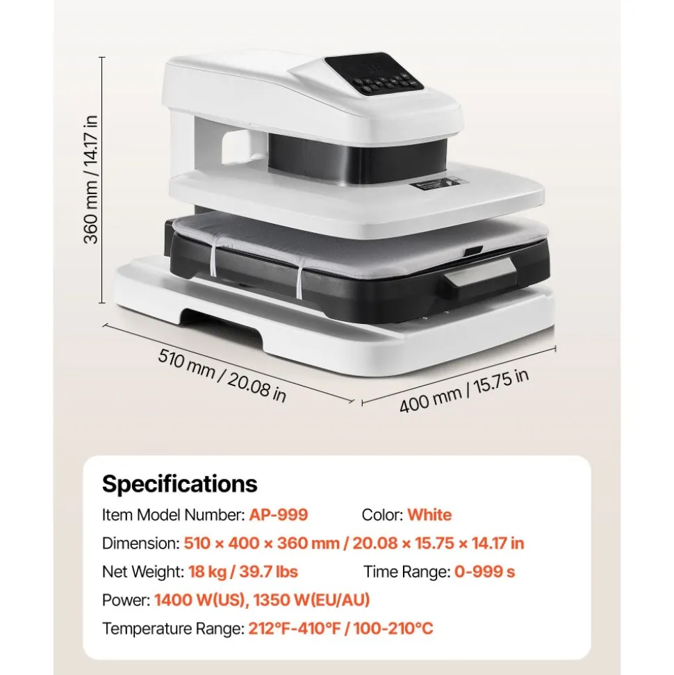 VEVOR Auto Heat Press Machine 15 x 15 inch T-Shirt Press Machine White, Auto Release and Adjustable Pressure, Digital Display, Rapid and Even Heating, for Sublimation, Vinyl, Heat Transfer Projects