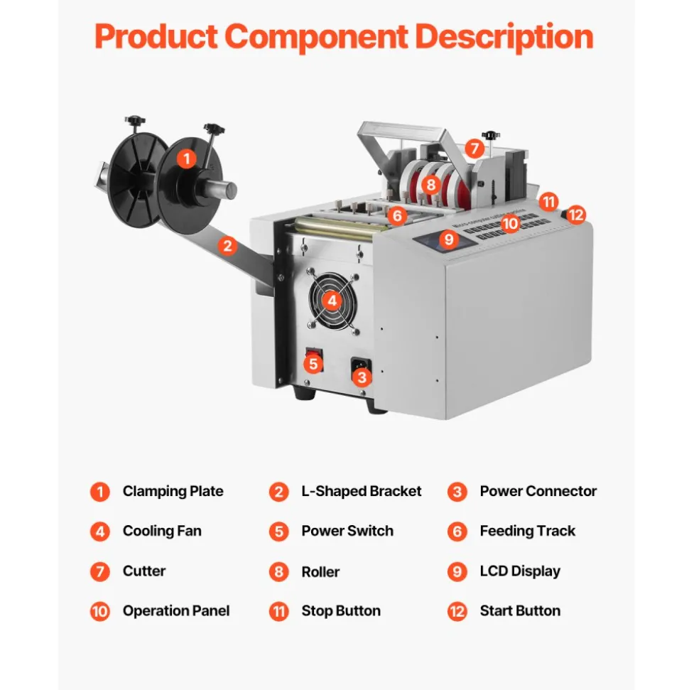 VEVOR Auto Heat-Shrink Tube Cutter, Cable Pipe Cutting Machine with 1mm-85mm Cutting Width, 0.1mm-99999.9mm Length, Automatic Tube Cutter for Heat Shrink Tube, Fiberglass Tube, Cable, Yellow Wax Tubes