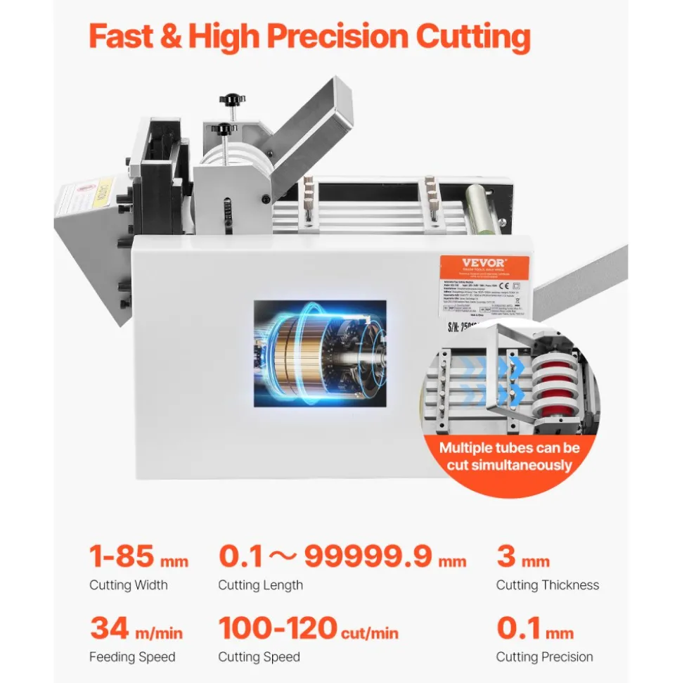VEVOR Auto Heat-Shrink Tube Cutter, Cable Pipe Cutting Machine with 1mm-85mm Cutting Width, 0.1mm-99999.9mm Length, Automatic Tube Cutter for Heat Shrink Tube, Fiberglass Tube, Cable, Yellow Wax Tubes