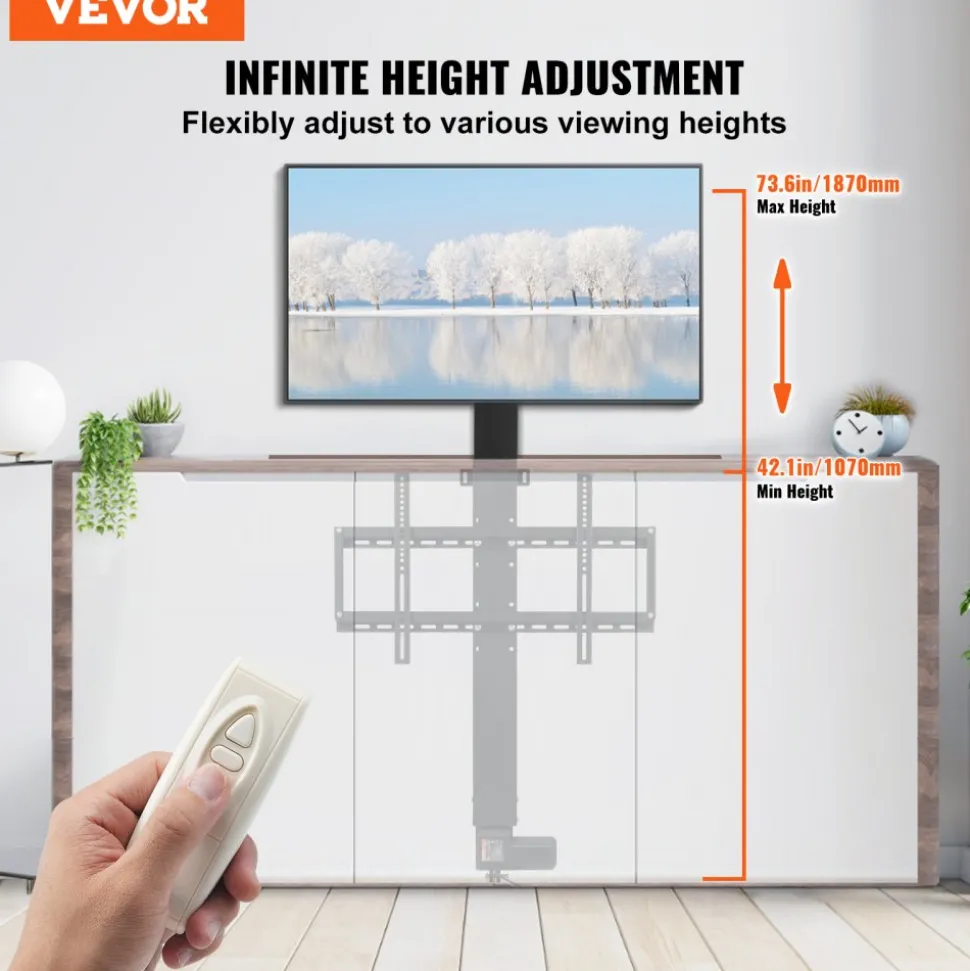 VEVOR Automated TV Elevator, 31" Stroke for Up to 60" Screens, Adjustable Height 42"-73", Remote Controlled, Supports 132 lbs