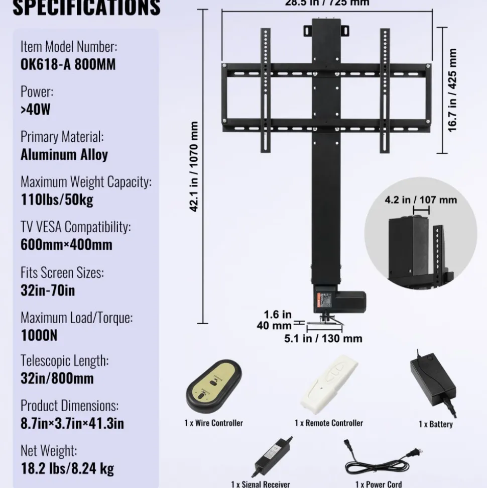 VEVOR Automated TV Elevator, 31" Stroke for Up to 60" Screens, Adjustable Height 42"-73", Remote Controlled, Supports 132 lbs