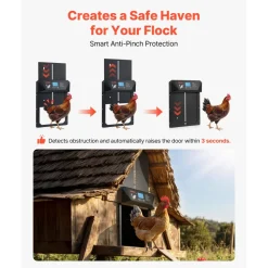 VEVOR Automatic Chicken Coop Door, DC & Battery Powered Chicken Door with LCD Display, Light Sensor, Timer & Manual Setting, Anti-Pinch Security, Durable Aluminum Alloy, Chick Run Gate Opener for Farm