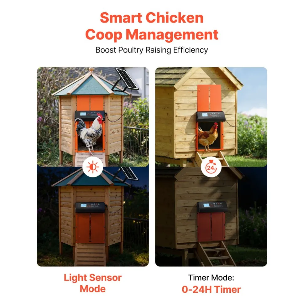 VEVOR Automatic Chicken Coop Door, Solar & Battery Powered Chicken Door with LCD Display, Remote Control, Light Sensor & Timer, Anti-Pinch Security, Aluminum Alloy Chick Run Gate Opener, Orange