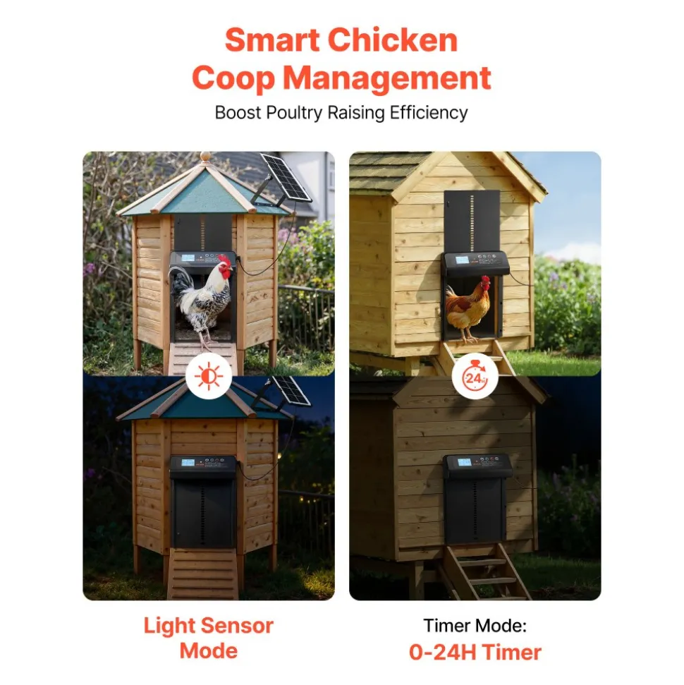 VEVOR Automatic Chicken Coop Door, Solar & Battery Powered Chicken Door with LCD Display, Remote Control, Light Sensor & Timer, Anti-Pinch Security, Aluminum Alloy Chick Run Gate Opener, Black