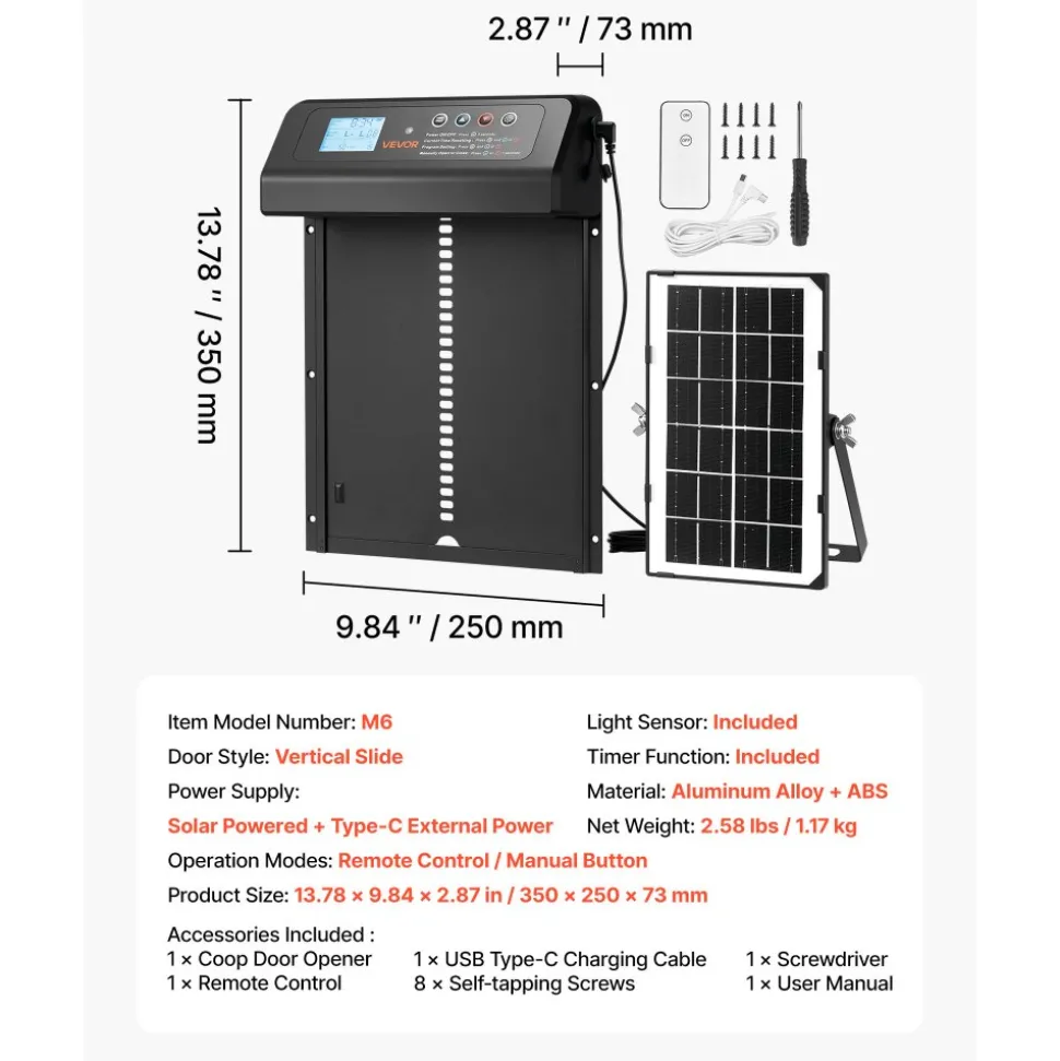 VEVOR Automatic Chicken Coop Door, Solar & Battery Powered Chicken Door with LCD Display, Remote Control, Light Sensor & Timer, Anti-Pinch Security, Aluminum Alloy Chick Run Gate Opener, Black