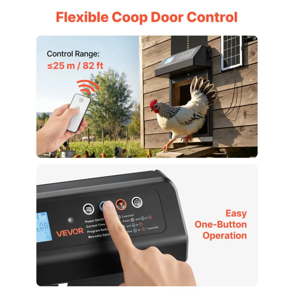 VEVOR Automatic Chicken Coop Door, Solar & Battery Powered Chicken Door with LCD Display, Remote Control, Light Sensor & Timer, Anti-Pinch Security, Aluminum Alloy Chick Run Gate Opener, Black