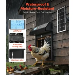 VEVOR Automatic Chicken Coop Door, Solar & Battery Powered Chicken Door with LCD Display, Remote Control, Light Sensor & Timer, Anti-Pinch Security, Aluminum Alloy Chick Run Gate Opener, Black