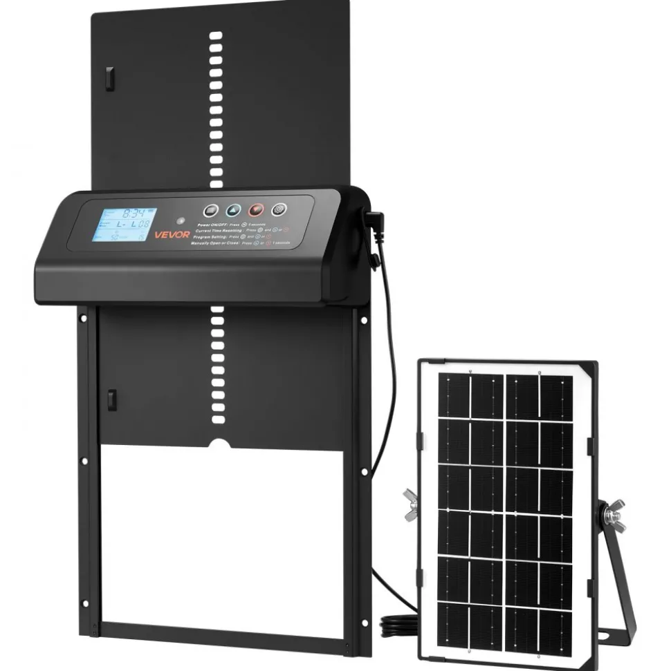 VEVOR Automatic Chicken Coop Door, Solar & Battery Powered Chicken Door with LCD Display, Remote Control, Light Sensor & Timer, Anti-Pinch Security, Aluminum Alloy Chick Run Gate Opener, Black