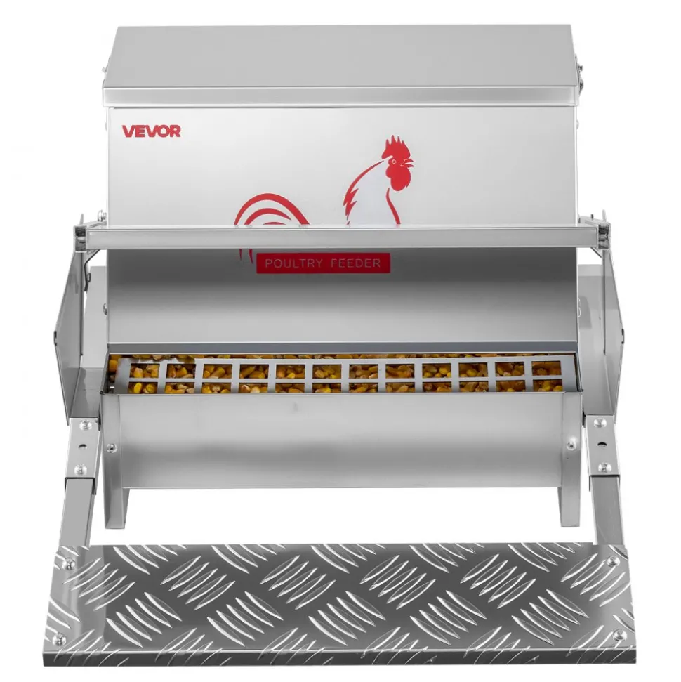 VEVOR Automatic Chicken Feeder, 25 lbs Capacity, Rainproof Treadle Poultry Feeder with Lockable Lid, No Waste, Galvanized Steel Construction, Outdoor Use, for Chicken, Bantams, Poultry, Pheasants