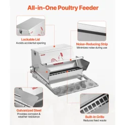 VEVOR Automatic Chicken Feeder, 25 lbs Capacity, Rainproof Treadle Poultry Feeder with Lockable Lid, No Waste, Galvanized Steel Construction, Outdoor Use, for Chicken, Bantams, Poultry, Pheasants
