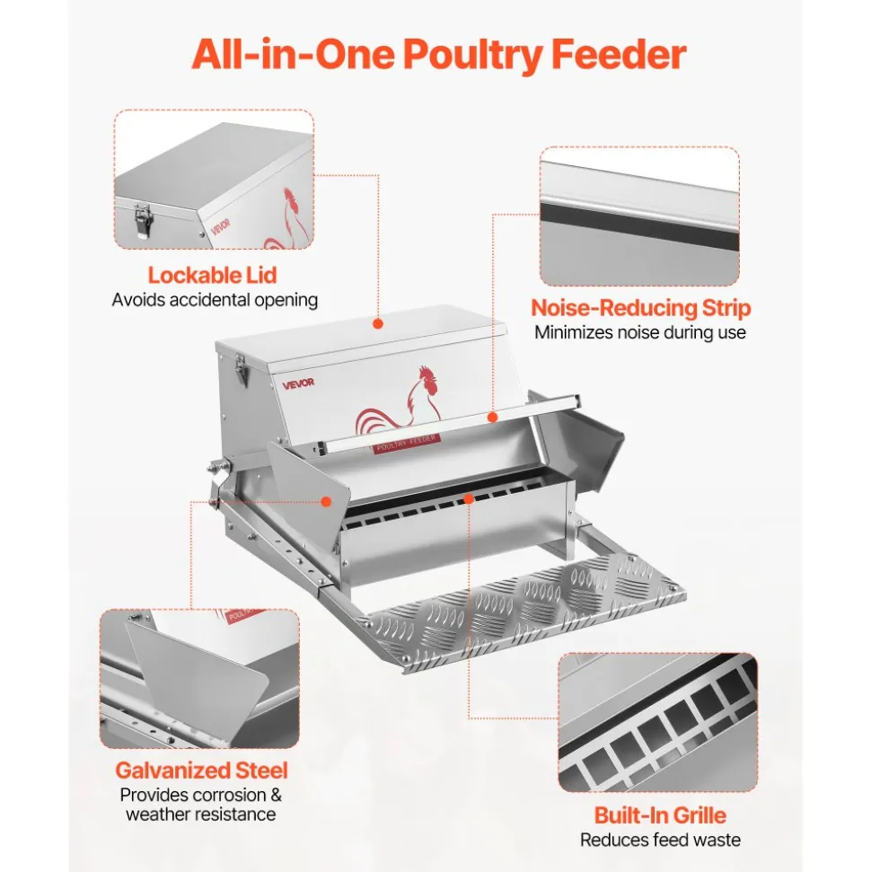 VEVOR Automatic Chicken Feeder, 25 lbs Capacity, Rainproof Treadle Poultry Feeder with Lockable Lid, No Waste, Galvanized Steel Construction, Outdoor Use, for Chicken, Bantams, Poultry, Pheasants