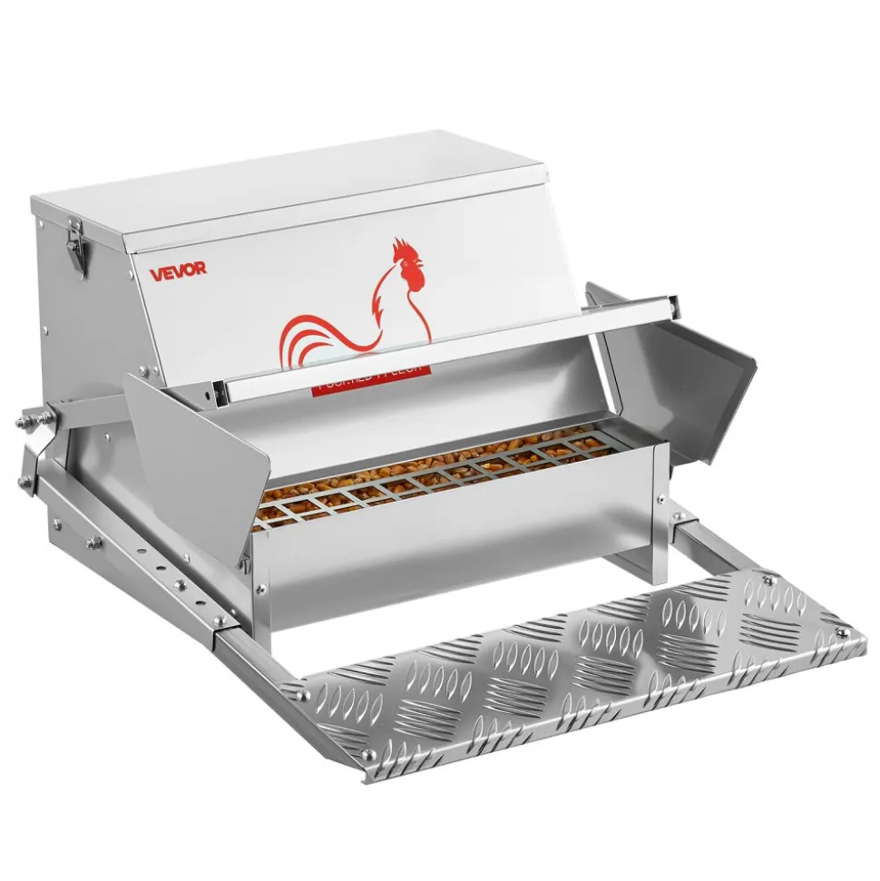 VEVOR Automatic Chicken Feeder, 25 lbs Capacity, Rainproof Treadle Poultry Feeder with Lockable Lid, No Waste, Galvanized Steel Construction, Outdoor Use, for Chicken, Bantams, Poultry, Pheasants