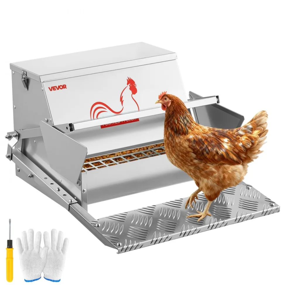 VEVOR Automatic Chicken Feeder, 25 lbs Capacity, Rainproof Treadle Poultry Feeder with Lockable Lid, No Waste, Galvanized Steel Construction, Outdoor Use, for Chicken, Bantams, Poultry, Pheasants