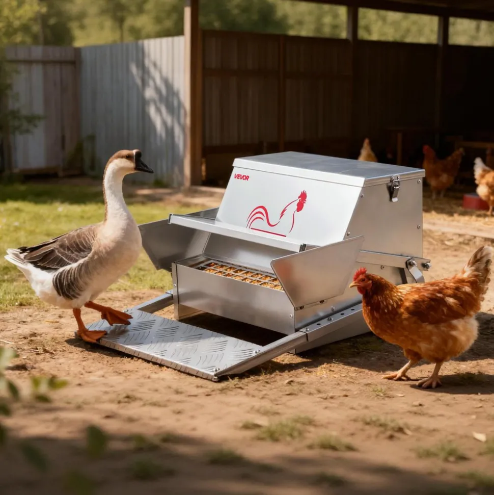 VEVOR Automatic Chicken Feeder, 25 lbs Capacity, Rainproof Treadle Poultry Feeder with Lockable Lid, No Waste, Galvanized Steel Construction, Outdoor Use, for Chicken, Bantams, Poultry, Pheasants