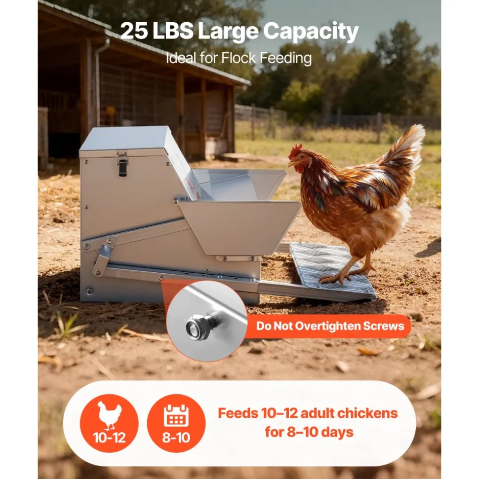 VEVOR Automatic Chicken Feeder, 25 lbs Capacity, Rainproof Treadle Poultry Feeder with Lockable Lid, No Waste, Galvanized Steel Construction, Outdoor Use, for Chicken, Bantams, Poultry, Pheasants