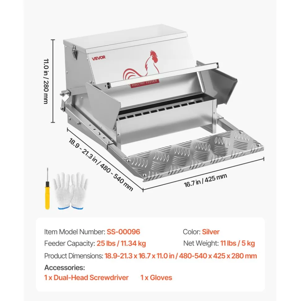 VEVOR Automatic Chicken Feeder, 25 lbs Capacity, Rainproof Treadle Poultry Feeder with Lockable Lid, No Waste, Galvanized Steel Construction, Outdoor Use, for Chicken, Bantams, Poultry, Pheasants