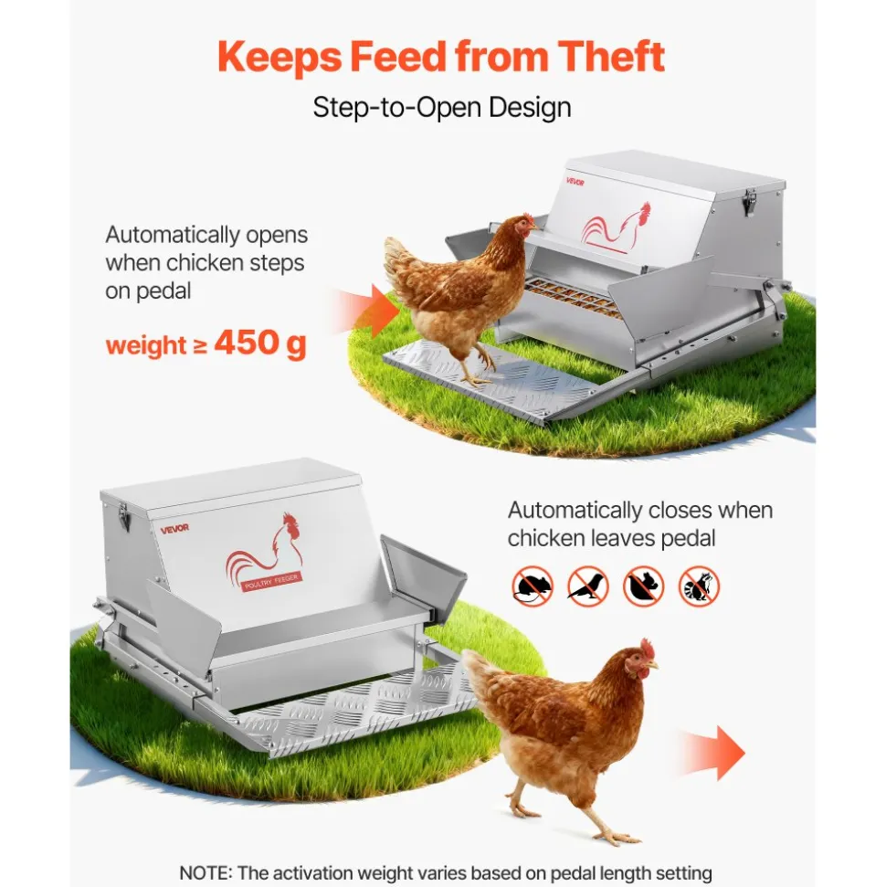 VEVOR Automatic Chicken Feeder, 25 lbs Capacity, Rainproof Treadle Poultry Feeder with Lockable Lid, No Waste, Galvanized Steel Construction, Outdoor Use, for Chicken, Bantams, Poultry, Pheasants