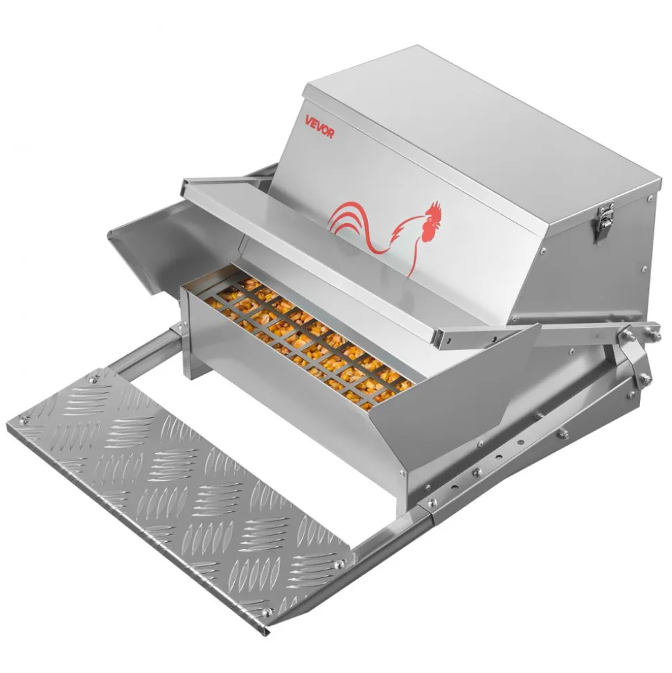 VEVOR Automatic Chicken Feeder, 25 lbs Capacity, Rainproof Treadle Poultry Feeder with Lockable Lid, No Waste, Galvanized Steel Construction, Outdoor Use, for Chicken, Bantams, Poultry, Pheasants
