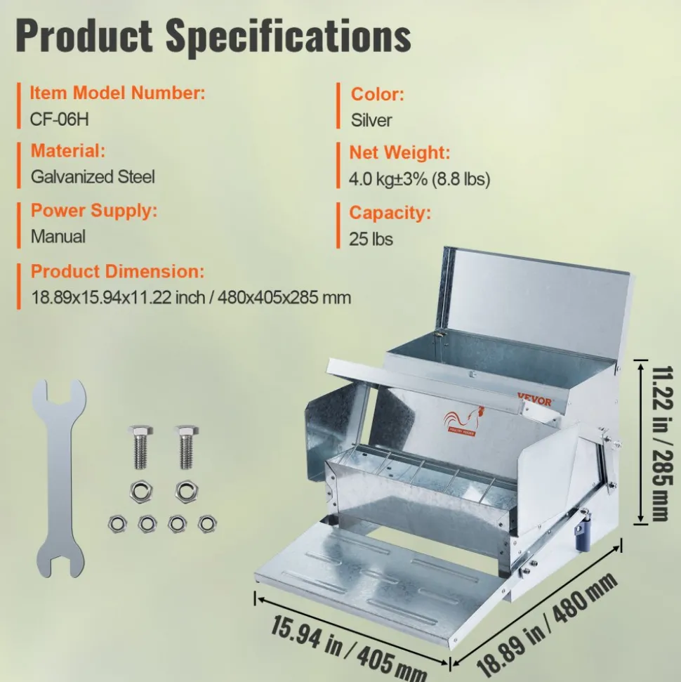 VEVOR Automatic Chicken Feeder, 25 lbs Capacity Feeds 10 Chickens up to 11 Days, Galvanized Steel Poultry Feeder
