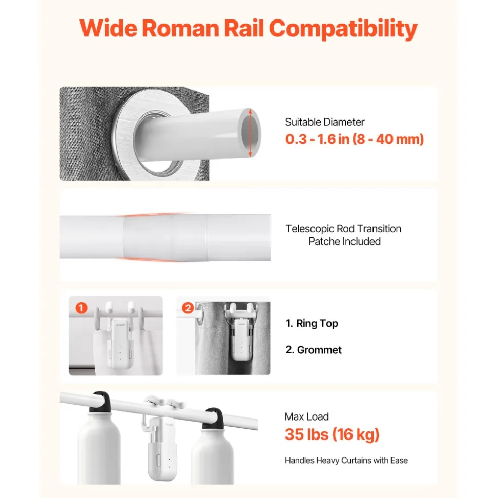 VEVOR Automatic Curtain Opener, APP and Remote Control, Hub Included, Electric Smart Curtain Opener Compatible with Alexa and Google Home, Timed Opening and Closing, Silent Mode, for Roman Rods