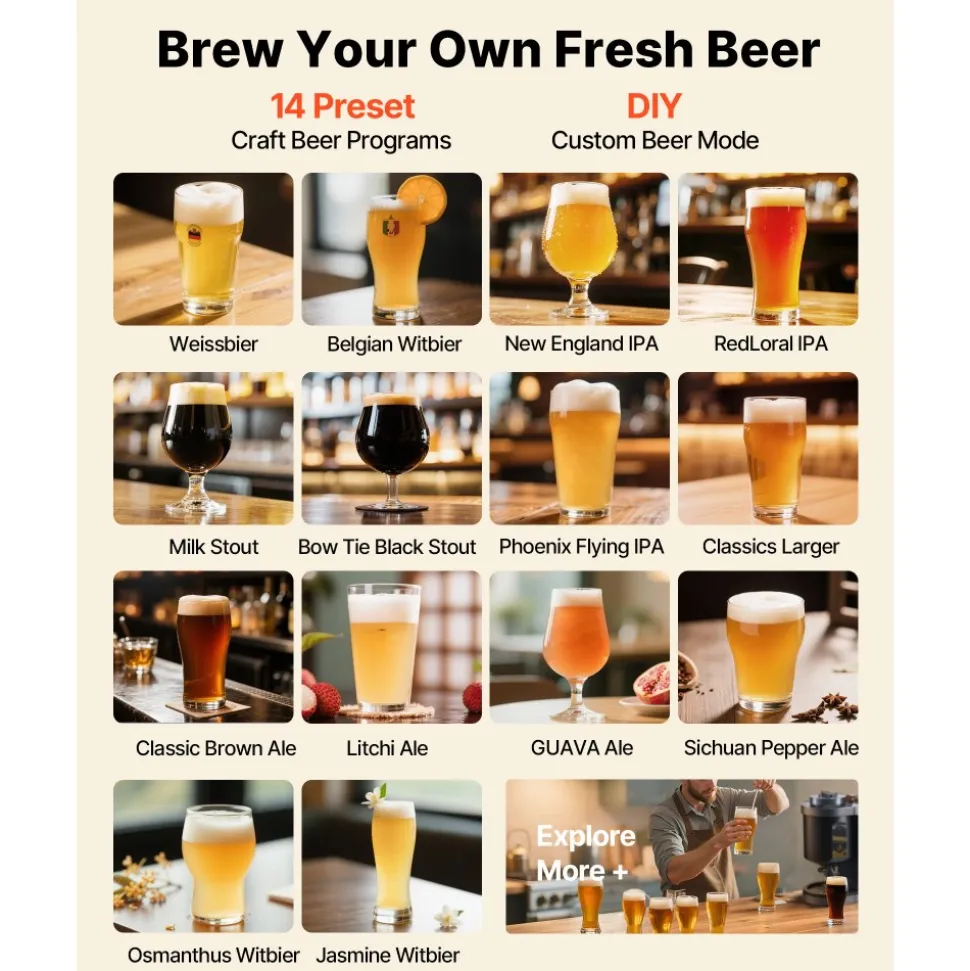 VEVOR Automatic Home Beer Brewer, 3.43 Gal All-in-One Home Brew Machine, 1500W Power Electric Beer Maker Machine with Mash Boil Device, 304 Stainless Steel Inner Tank, Auto Temp & Pressure Control