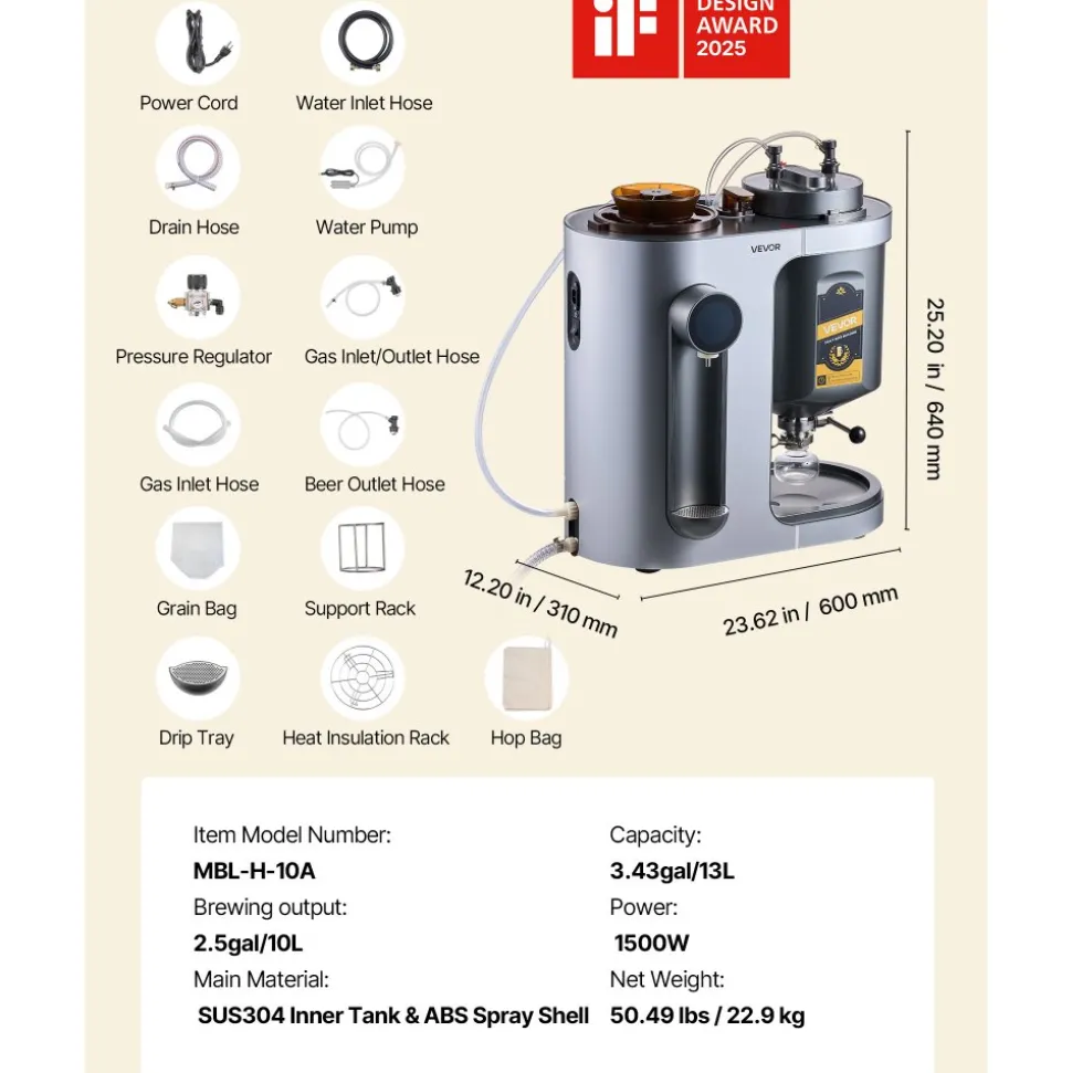 VEVOR Automatic Home Beer Brewer, 3.43 Gal All-in-One Home Brew Machine, 1500W Power Electric Beer Maker Machine with Mash Boil Device, 304 Stainless Steel Inner Tank, Auto Temp & Pressure Control