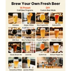 VEVOR Automatic Home Beer Brewer, 1500W Electric Beer Brewing Machine, 3.43 Gal All-in-One Home Brewer with Mash Boil Device, 304 Stainless Steel Internal Tank, Auto Temperature & Pressure Control