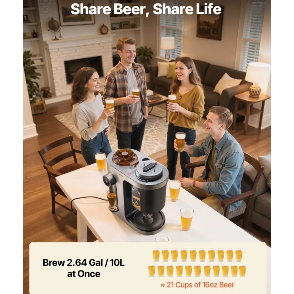 VEVOR Automatic Home Beer Brewer, 1500W Electric Beer Brewing Machine, 3.43 Gal All-in-One Home Brewer with Mash Boil Device, 304 Stainless Steel Internal Tank, Auto Temperature & Pressure Control
