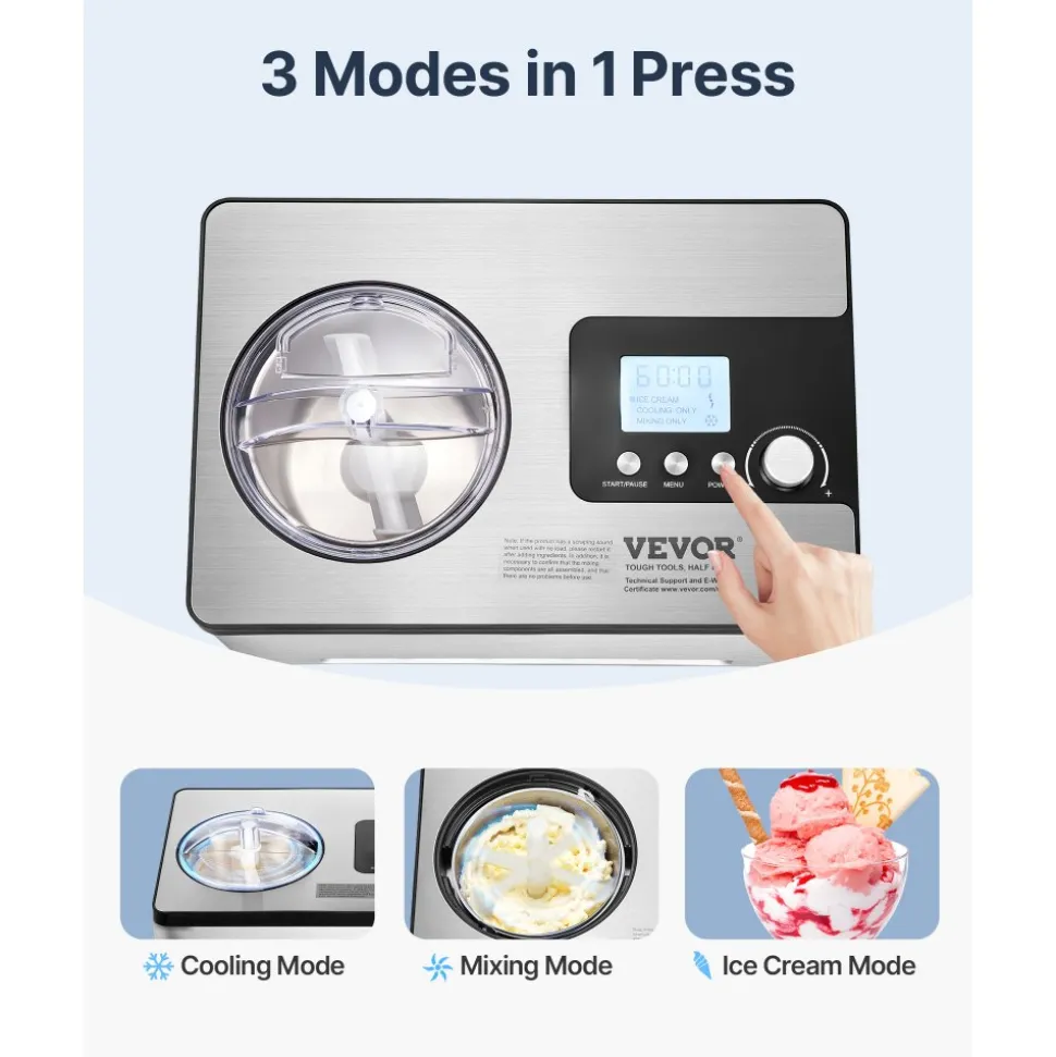 VEVOR Automatic Ice Cream Maker with Built-in Compressor, 2 Quart No Pre-freezing Fruit Yogurt Machine, Stainless Steel Electric Sorbet Maker, 3 Modes Gelato Maker with LCD Display & Timer, Silver
