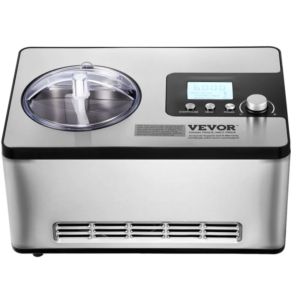 VEVOR Automatic Ice Cream Maker with Built-in Compressor, 2 Quart No Pre-freezing Fruit Yogurt Machine, Stainless Steel Electric Sorbet Maker, 3 Modes Gelato Maker with LCD Display & Timer, Silver